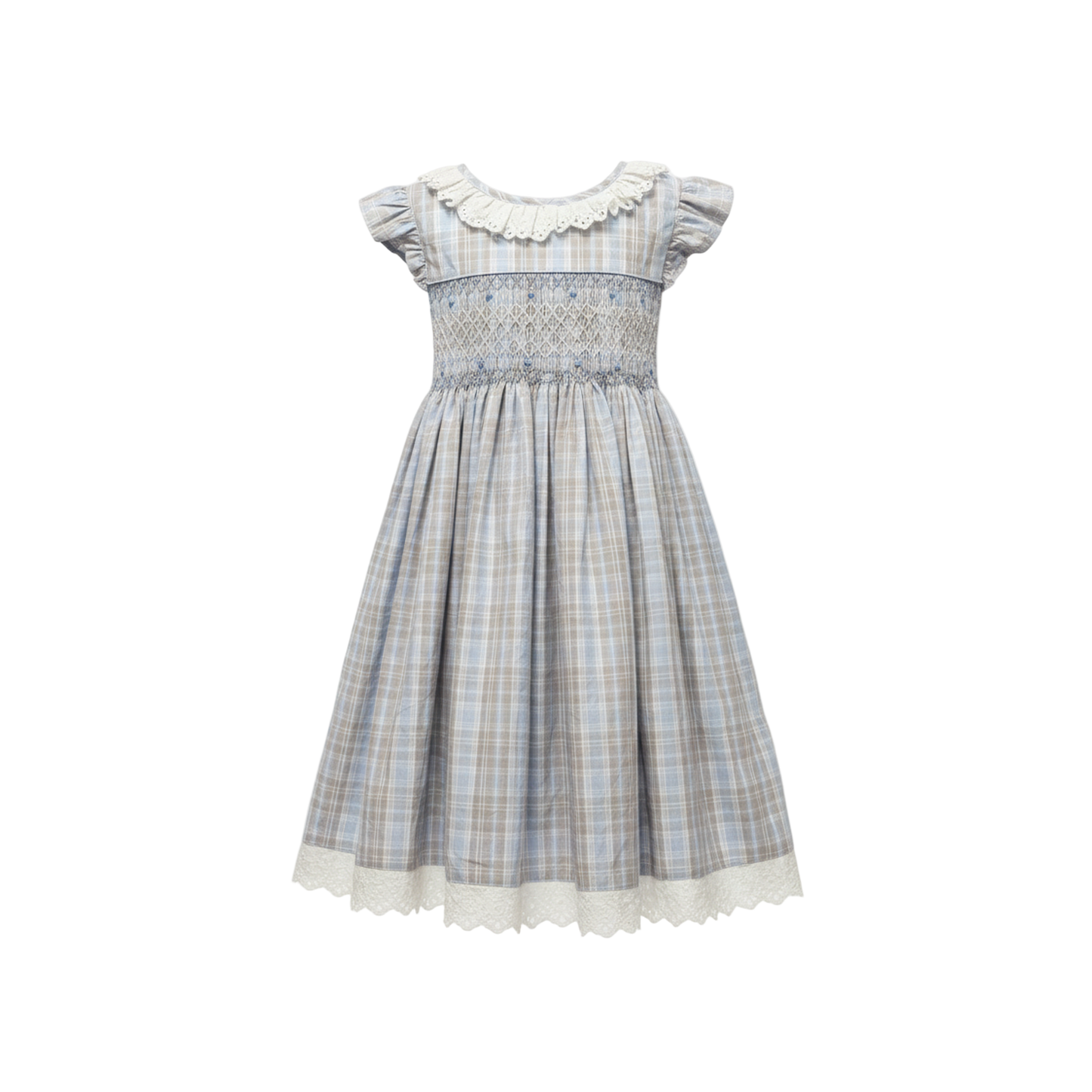 Plaid dress with white collar on a light gray background