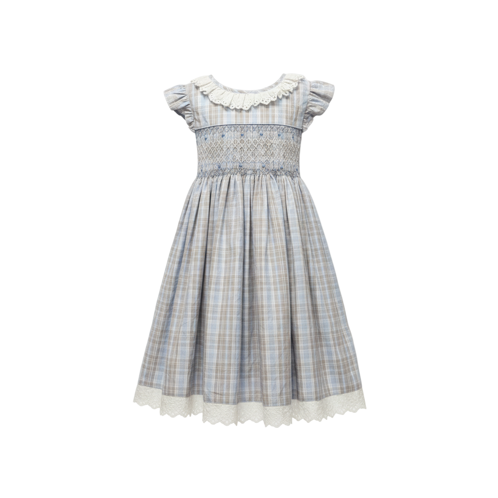 Plaid dress with white collar on a light gray background