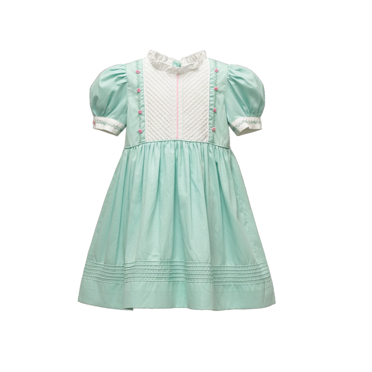 Mint green dress with white collar and pink accents on a white background