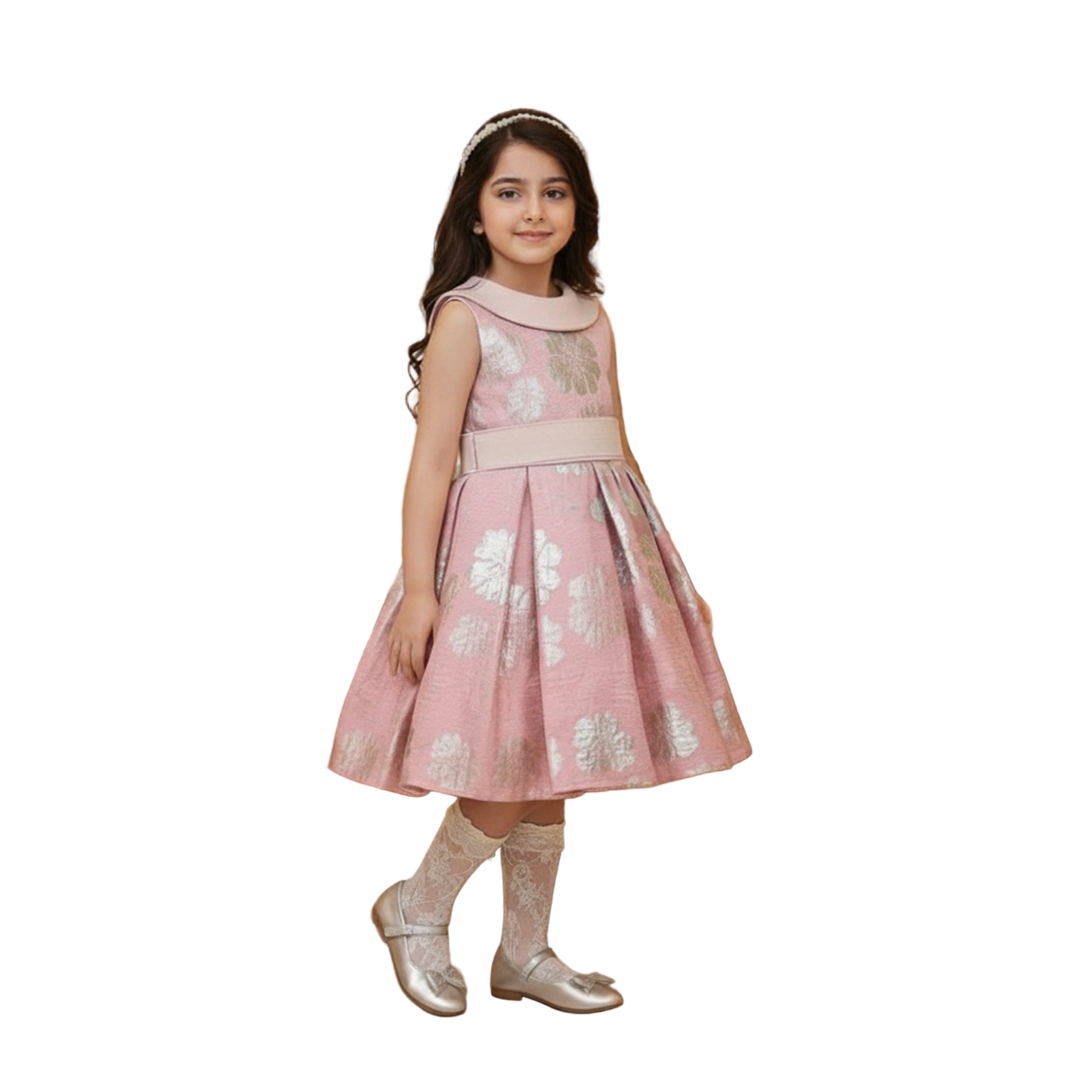 Young girl wearing a pink floral dress on a white background