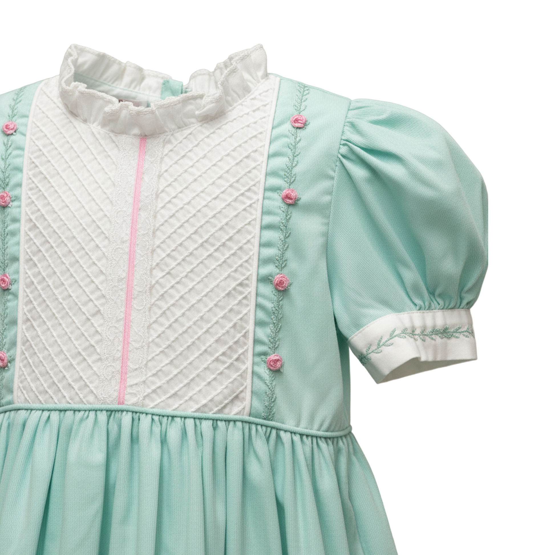 Light teal dress with white quilted panel and pink buttons on a white background