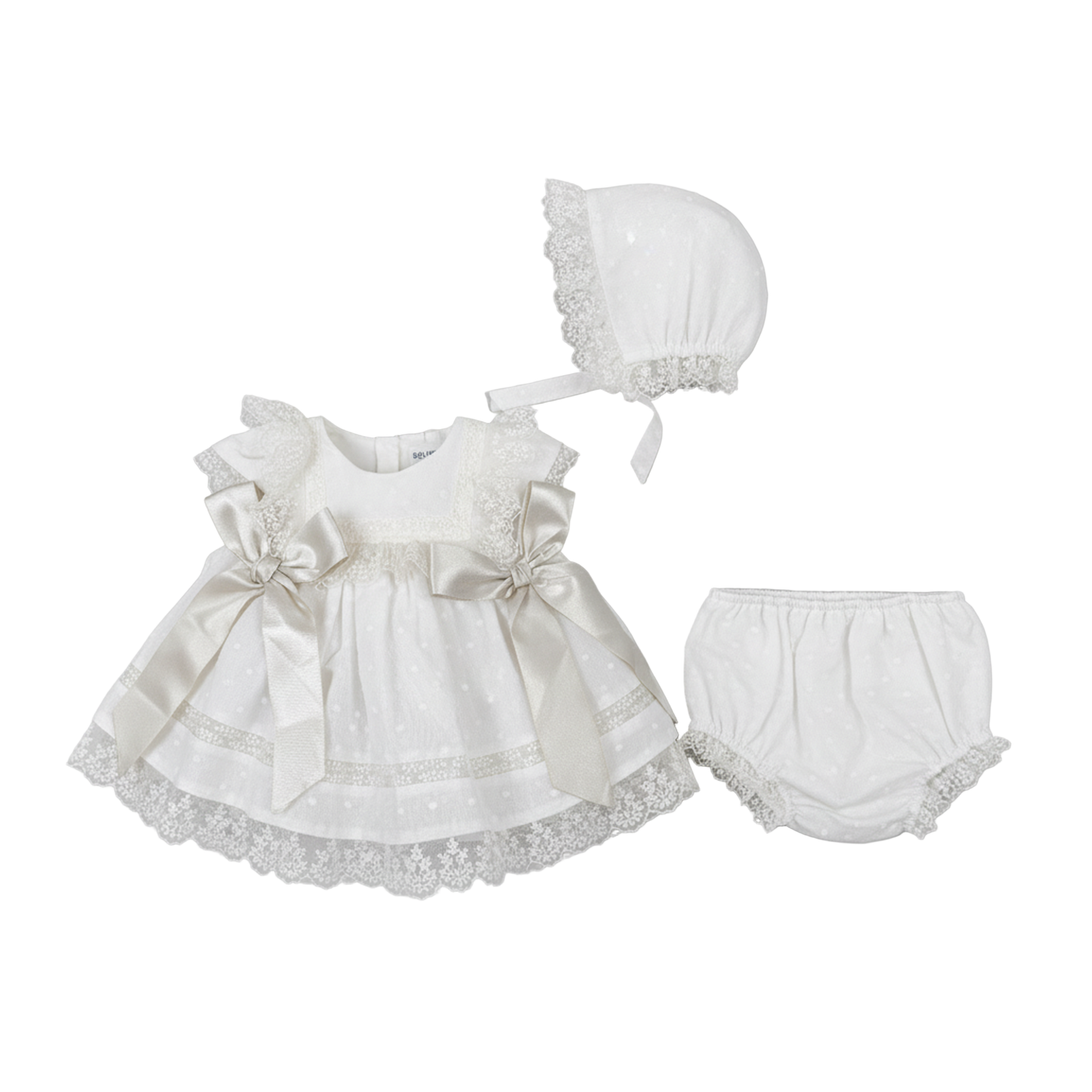White baby dress with bonnet and bloomers on a white background