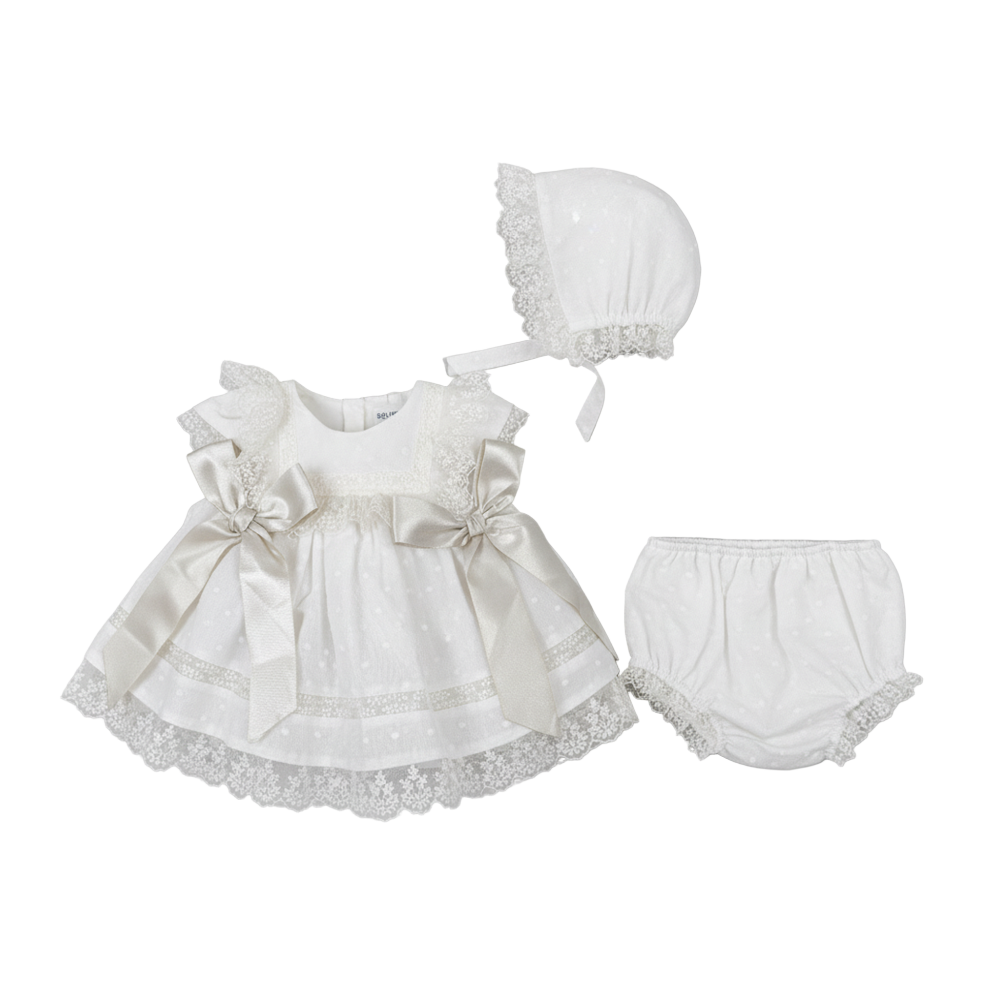 White baby dress with bonnet and bloomers on a white background