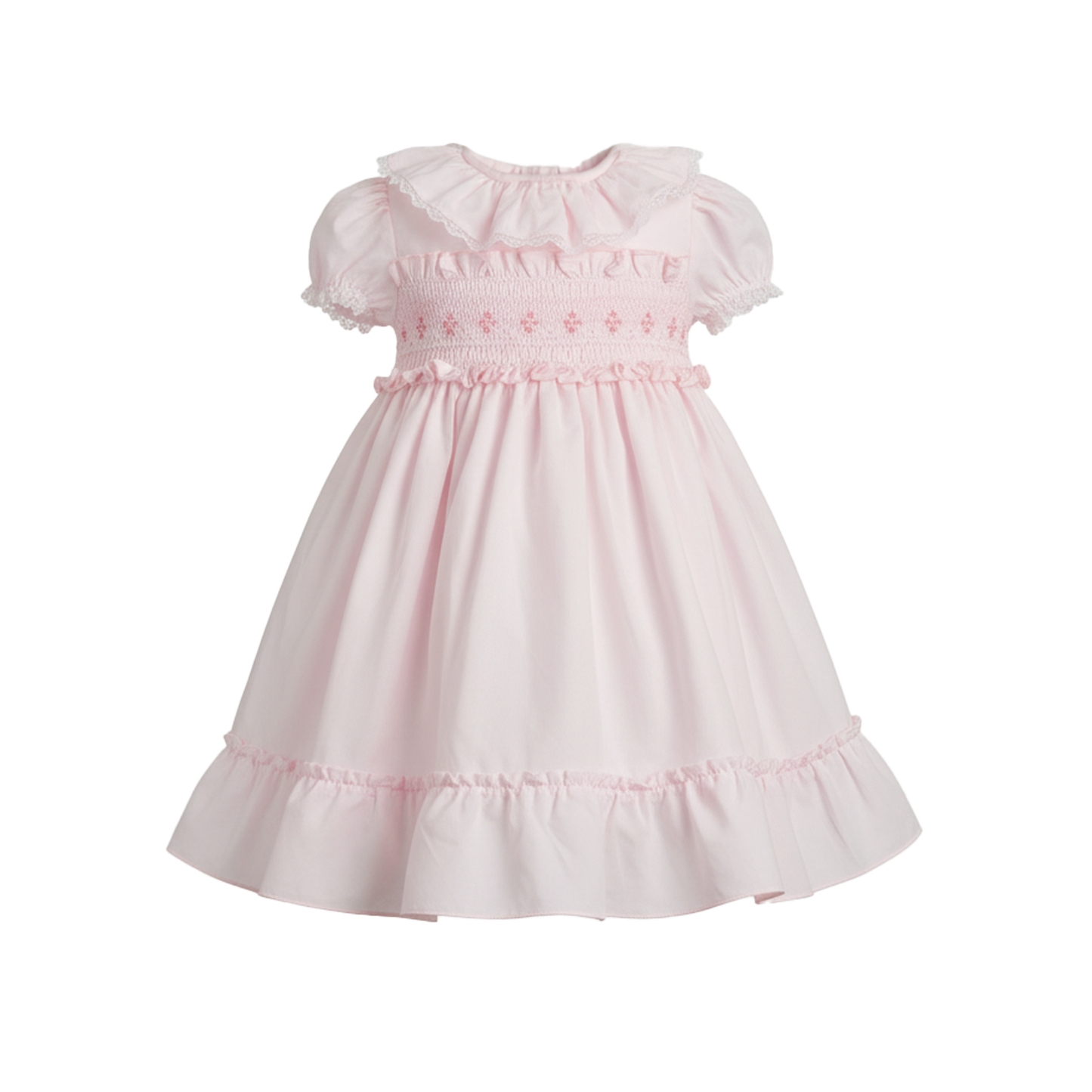 Pink dress with ruffled sleeves and neckline on a white background