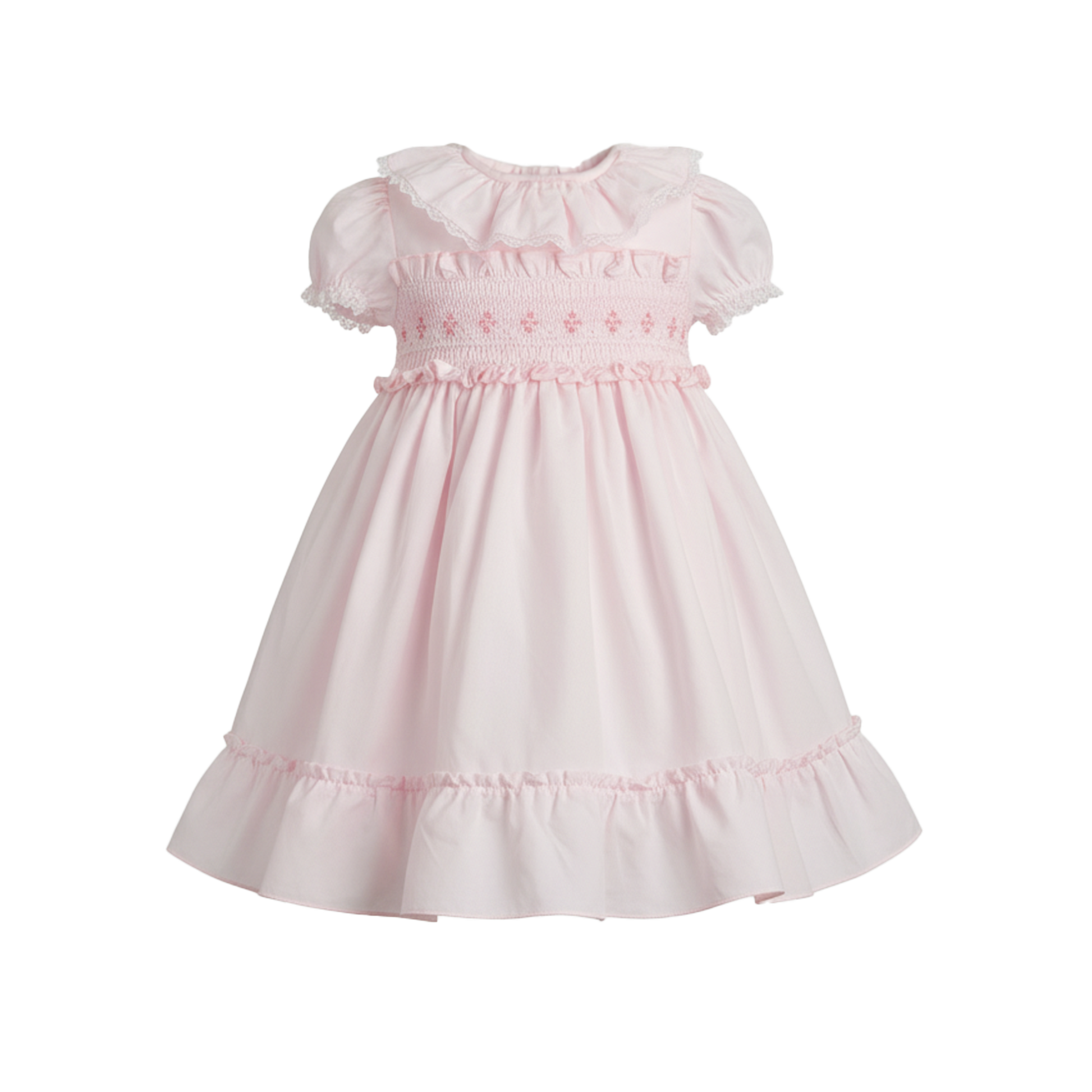 Pink dress with ruffled sleeves and neckline on a white background