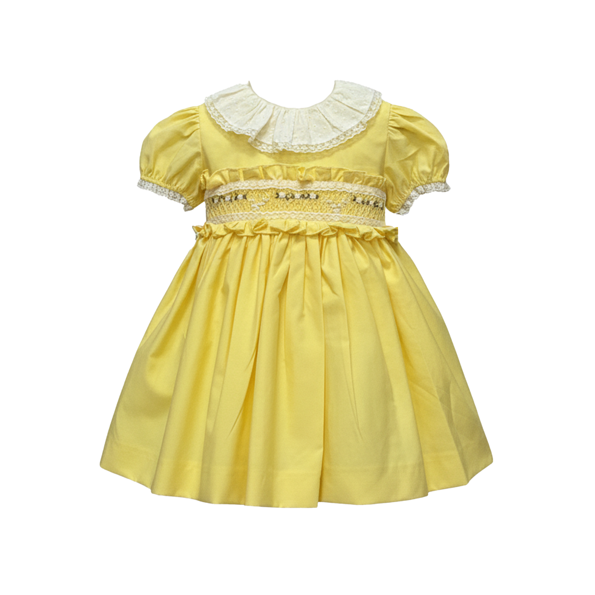 Yellow dress with lace details on a white background